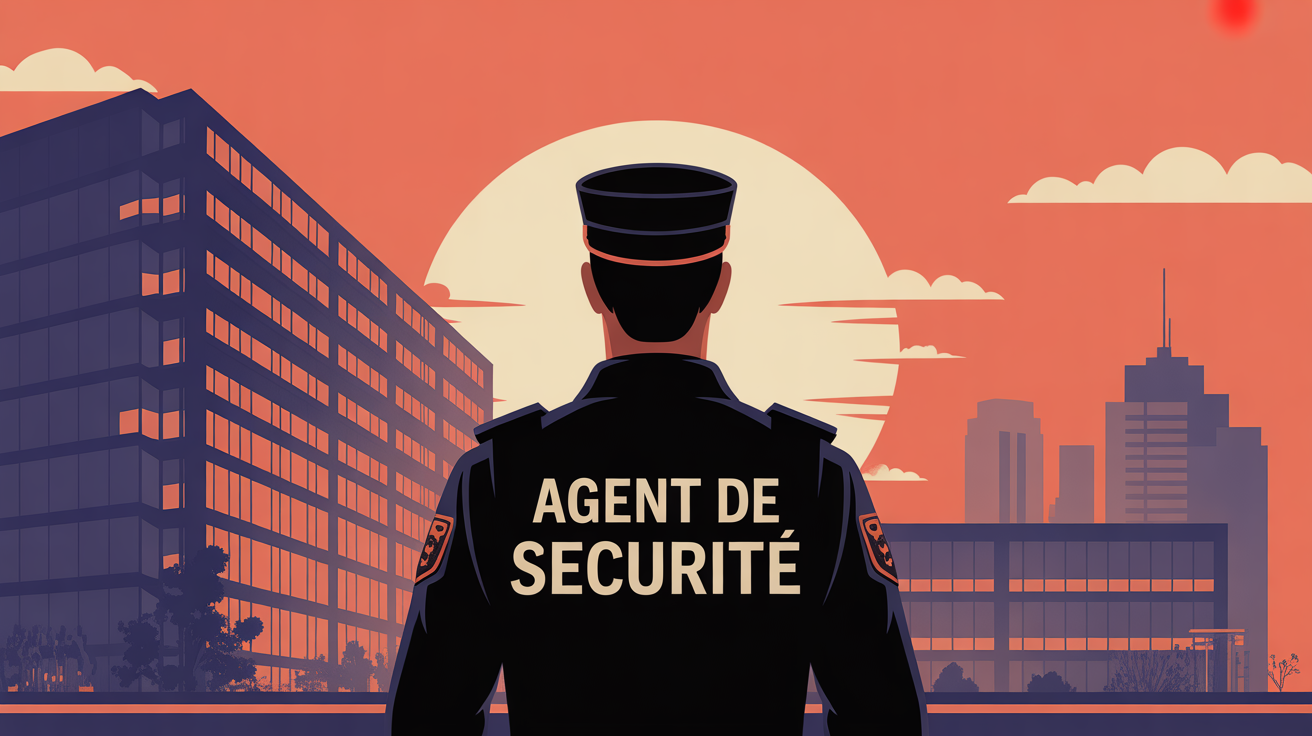 Agent de securite en uniforme devant batiment moderne coucher soleil