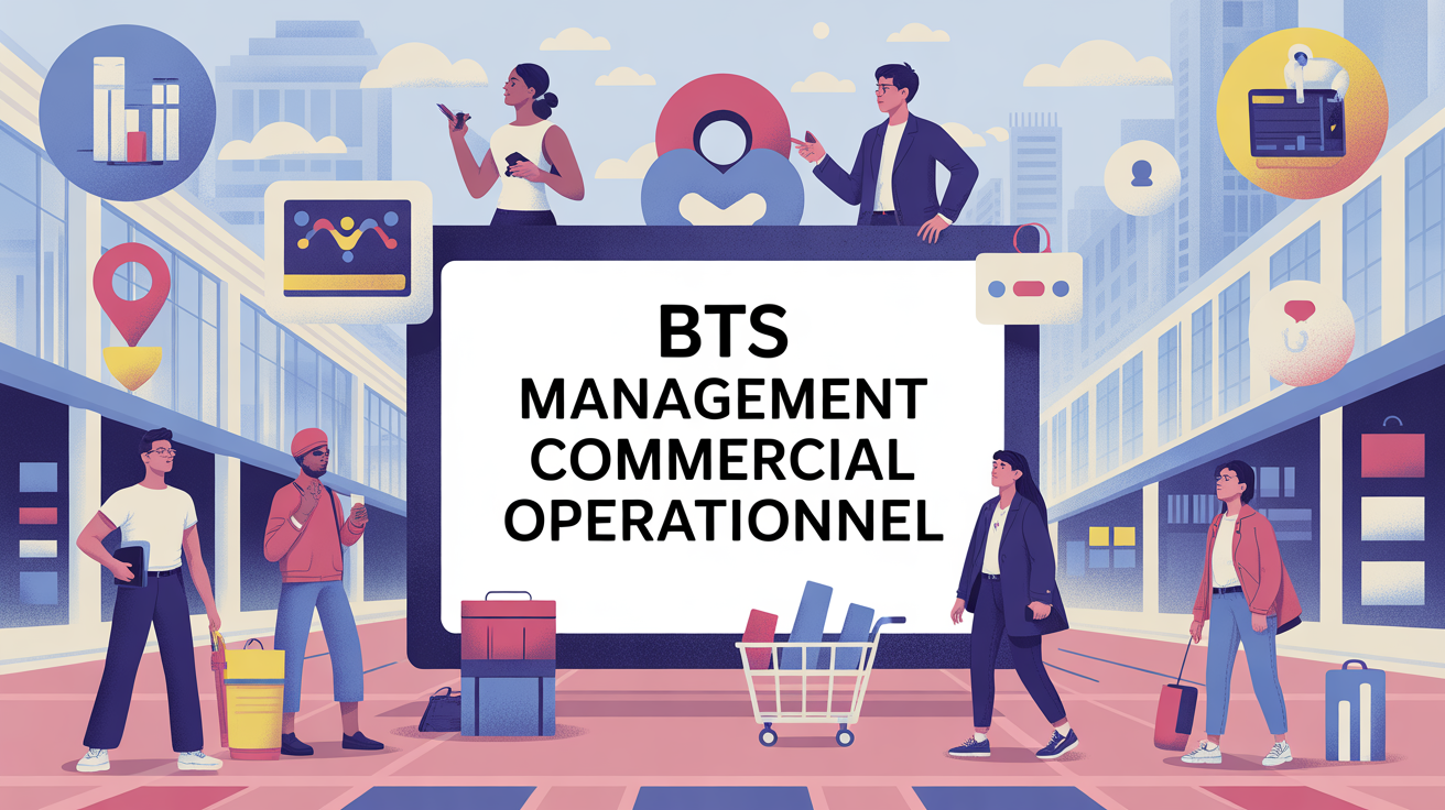 Illustration BTS Management Commercial Opérationnel silhouettes jeunes et commerce