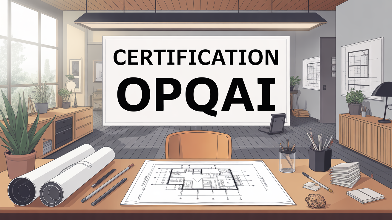 Bureau architecte interieur avec plans et titre Certification OPQAI