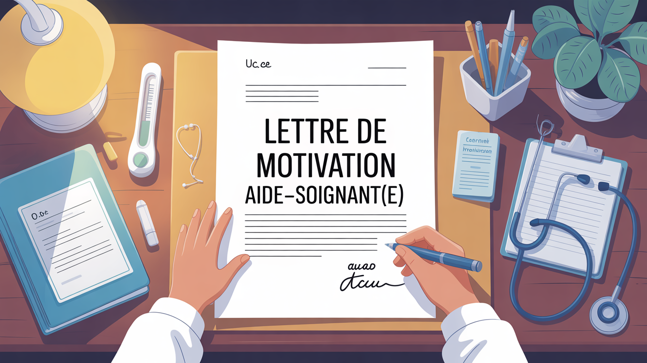 Lettre de motivation aide-soignante sur bureau avec éléments médicaux