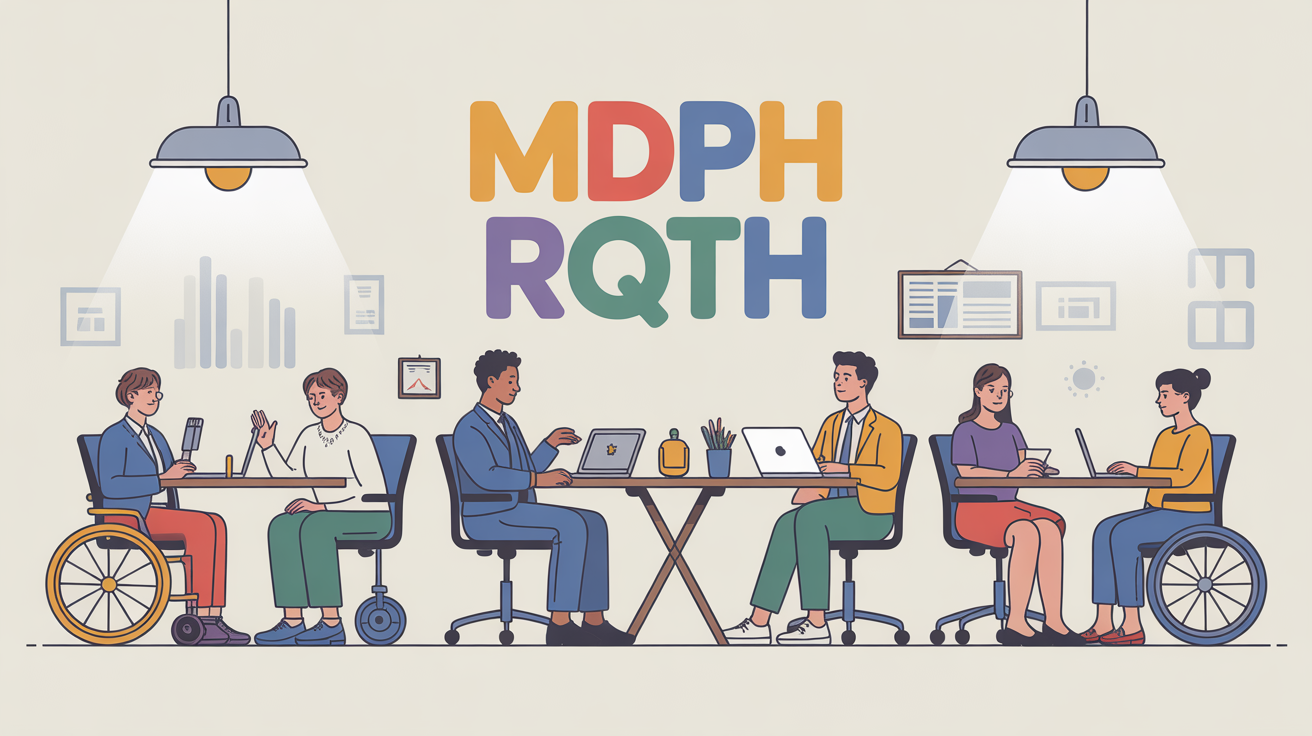 Illustration bureau inclusif avec handicaps divers, MDPH RQTH