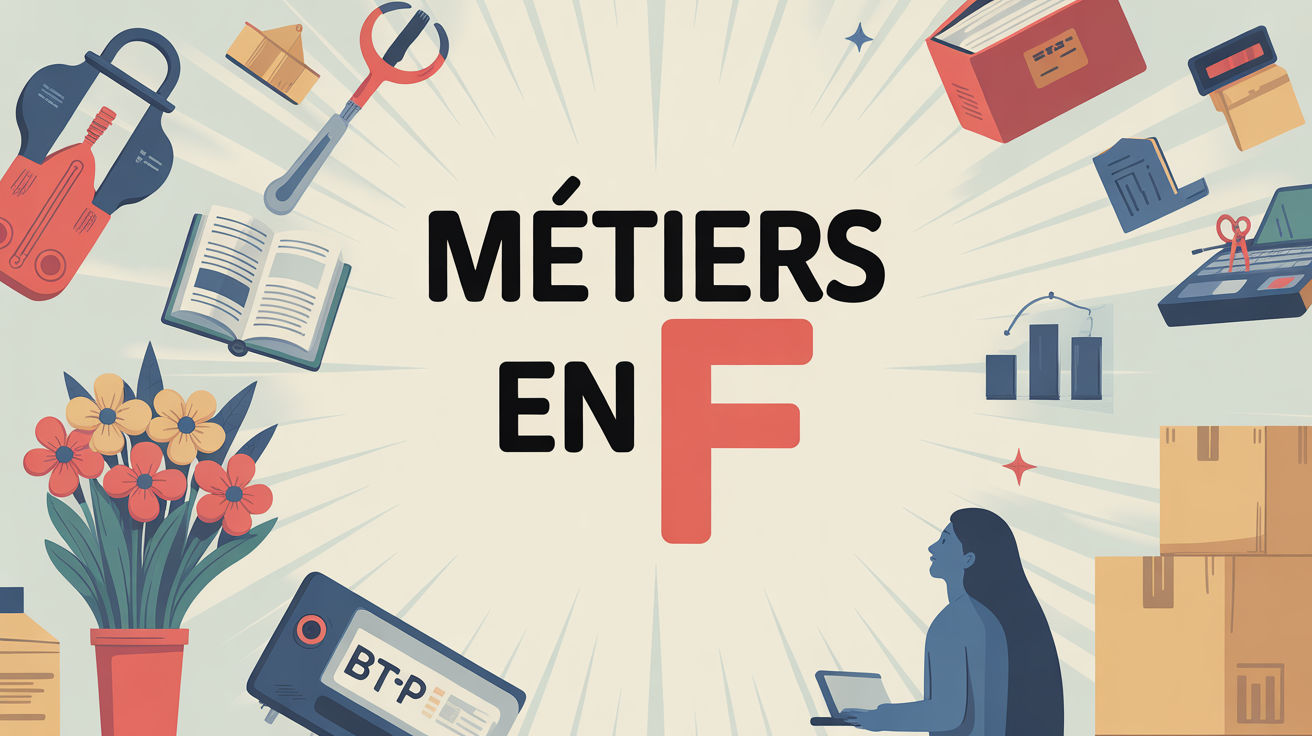 Illustration métiers en F outils BTP fleurs ordinateur facteur