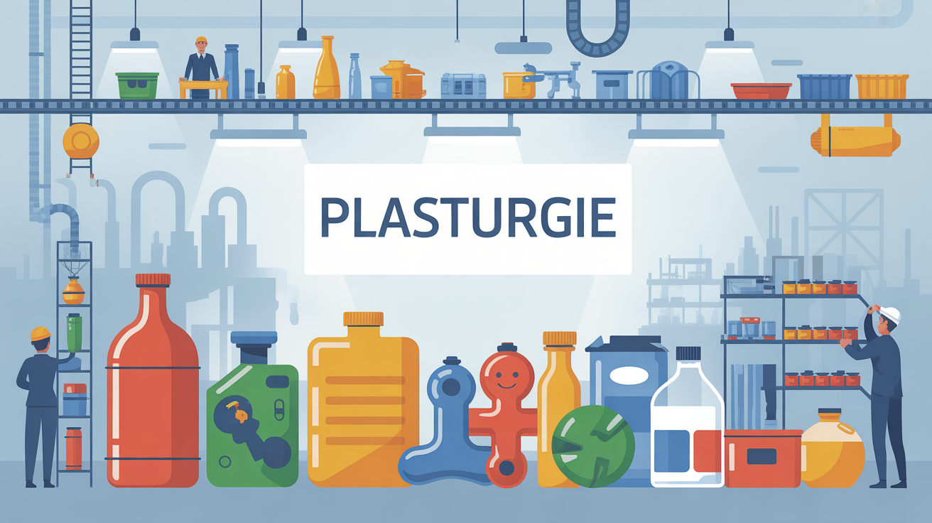 Environnement industriel plasturgie moderne avec objets plastique et techniciens