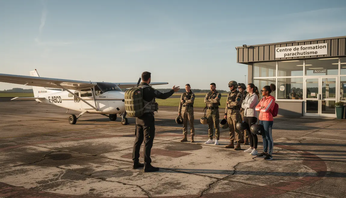 instructeur expliquant brevet parachutiste devant avion centre france