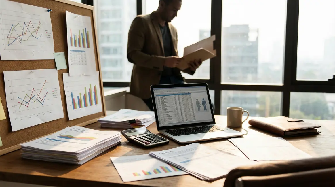 Dirigeant PME analyse portefeuille investissements bureau moderne