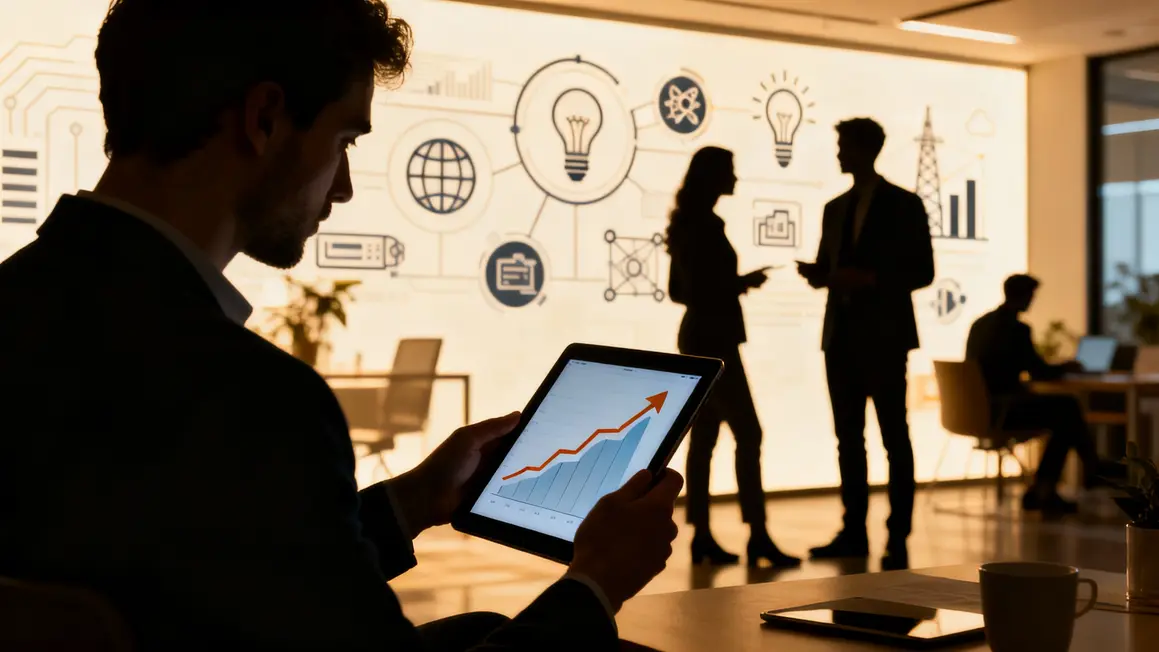 Silhouettes autour d'une tablette montrant une courbe ascendante, innovation