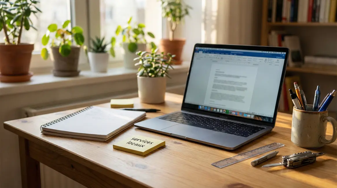 bureau organisé services locaux outils avec plantes