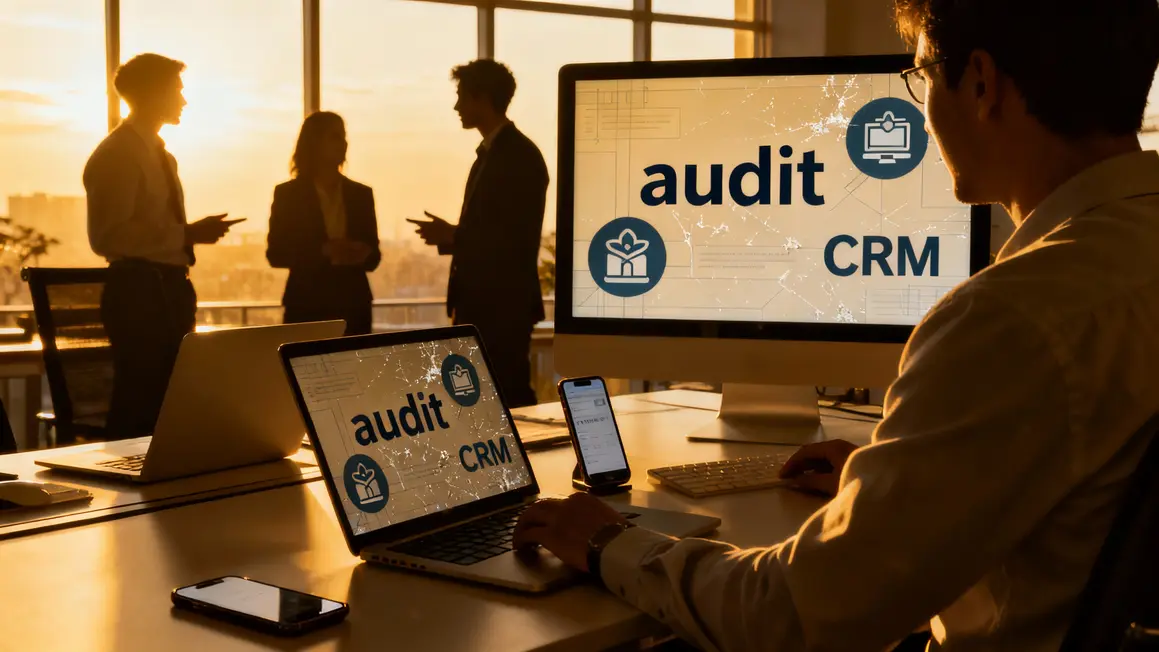 Bureau digitalisé, écrans CRM et audit, équipe en discussion
