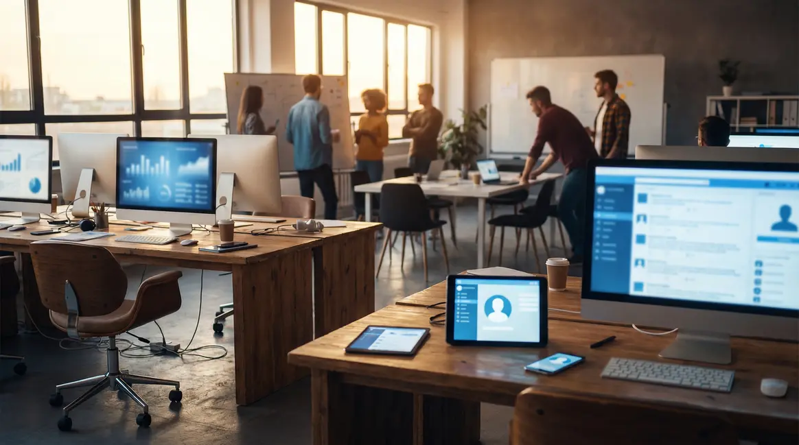 Bureau digital moderne équipe stratégie marketing
