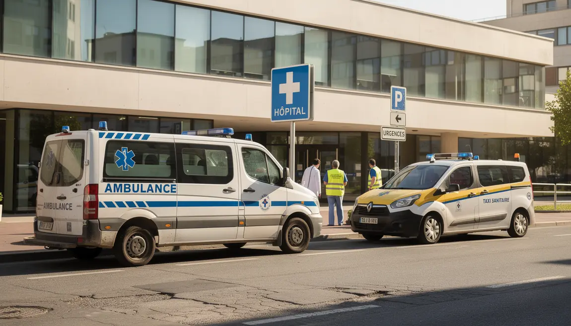 Ambulancier taxi devant hôpital transport sanitaire