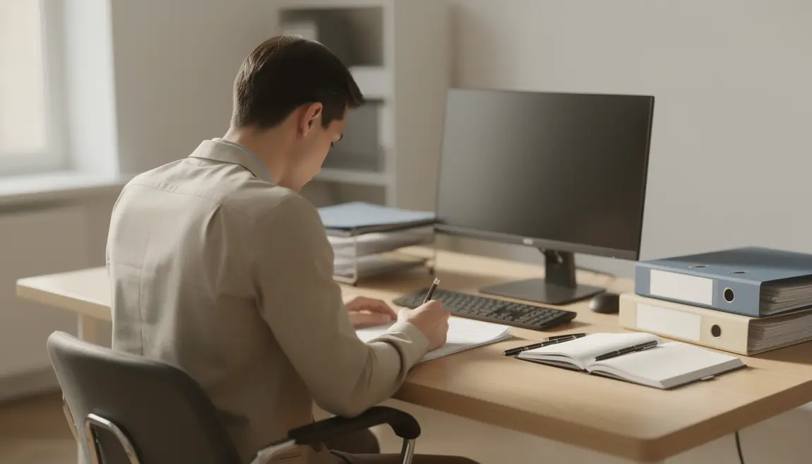 Agent administratif rédigeant lettre de motivation sur bureau professionnel