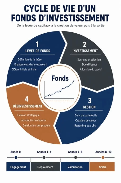 Infographie du cycle de vie d'un fonds d'investissement expliquant la gestion de fonds