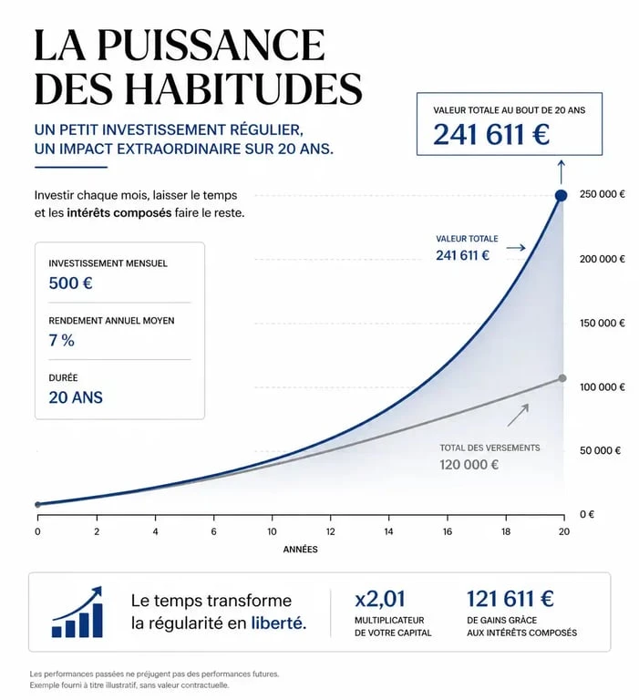 Graphique illustrant la stratégie d'investissement en bourse avec un petit budget et l'effet des intérêts composés