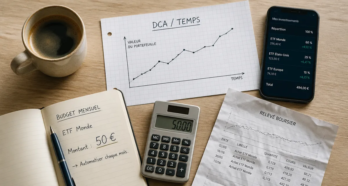 Investir en bourse petit budget : carnet, calculatrice, ETF et plan DCA pour débuter