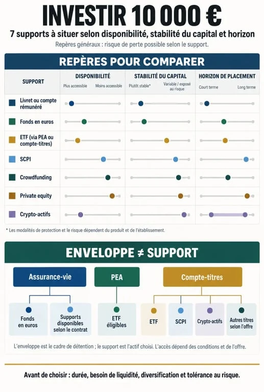 Infographie pour comprendre comment investir 10000 euros selon l’horizon, la liquidité et le risque